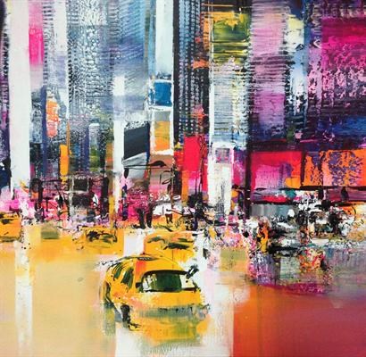 Peter Meijer, NY Manhattan, Taxis on 5th Avenue, 80x80, acryl op doek